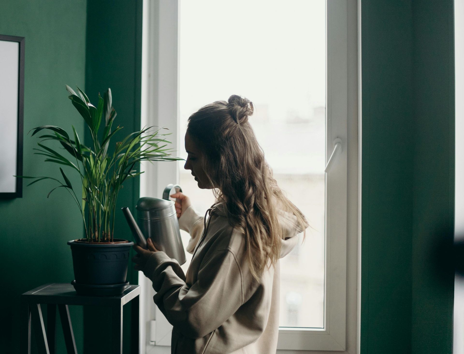 A young woman waters a potted plant near a bright window in a cozy home interior.